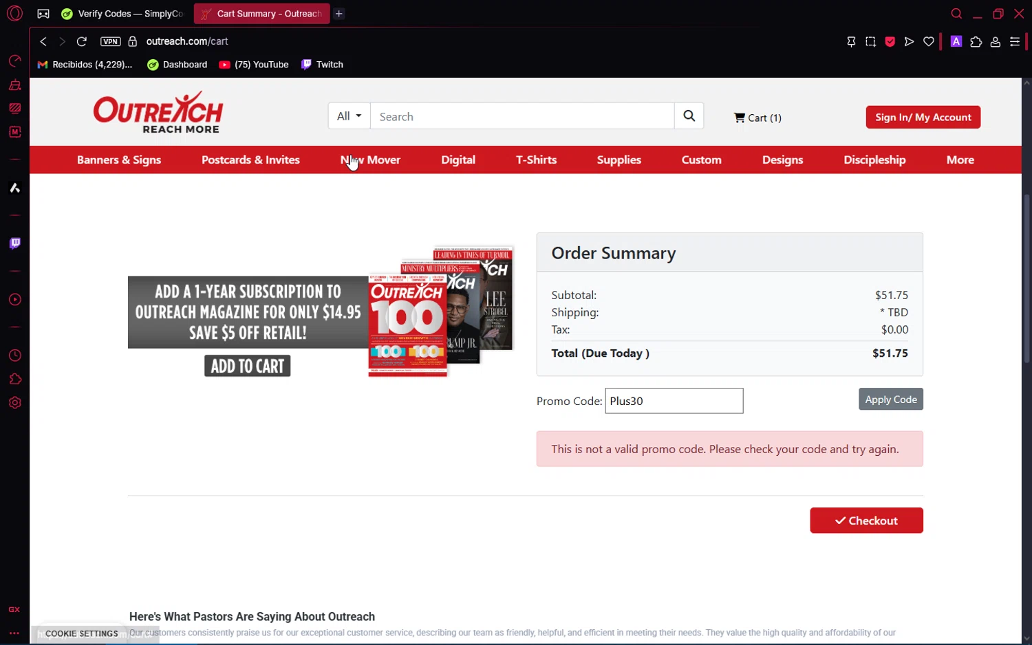 Outreach.com promo code screenshot showing code Plus30 applied at Outreach.com checkout page. Uploaded by SimplyCodes community member VoucherAce8469 on May 22, 2025