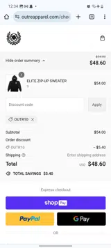OUTR10 coupon verification screenshot