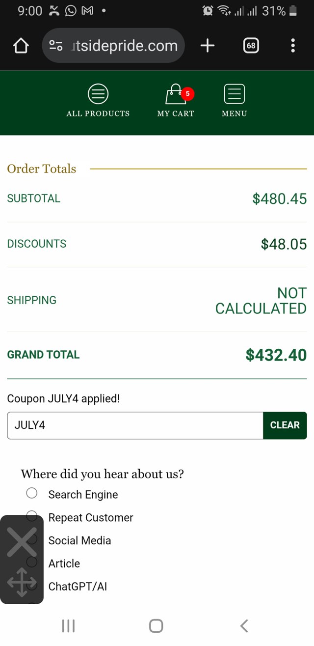 Outsidepride checkout page showing Outsidepride coupon code box | Screenshot taken by SimplyCodes community member on Aug 31, 2025