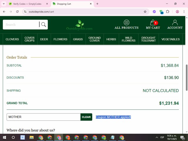 Outsidepride checkout page showing Outsidepride coupon code box | Screenshot taken by SimplyCodes community member on Jul 19, 2025