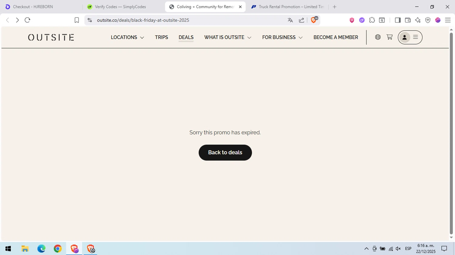 Outsite promo code screenshot showing code BLACKFRIDAY2025 applied at Outsite checkout page. Uploaded by SimplyCodes community member peachee on Dec 22, 2025