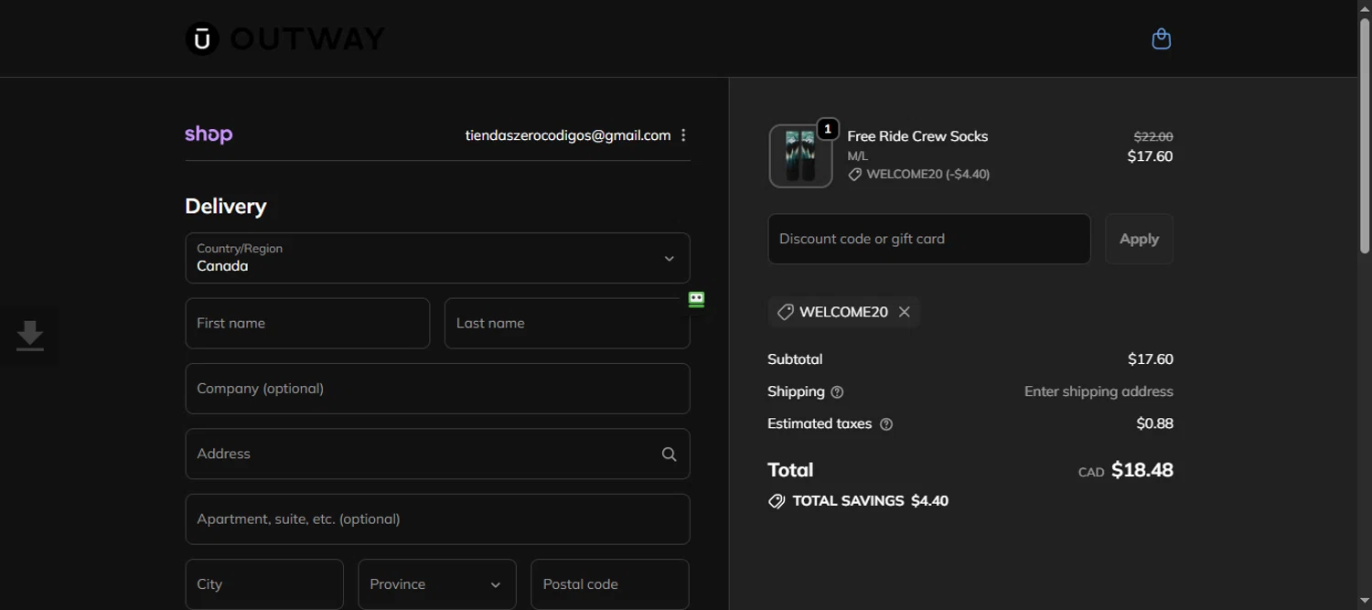 OUTWAY discount code screenshot showing code WELCOME20 applied at OUTWAY checkout page. Uploaded by SimplyCodes community member 111111 on Sep 19, 2025