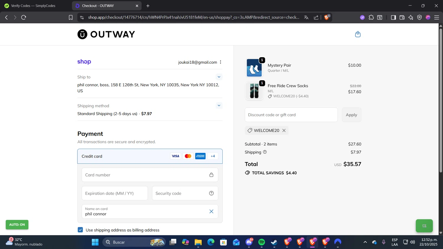 OUTWAY discount code screenshot showing code WELCOME20 applied at OUTWAY checkout page. Uploaded by SimplyCodes community member Despechao on Oct 22, 2025