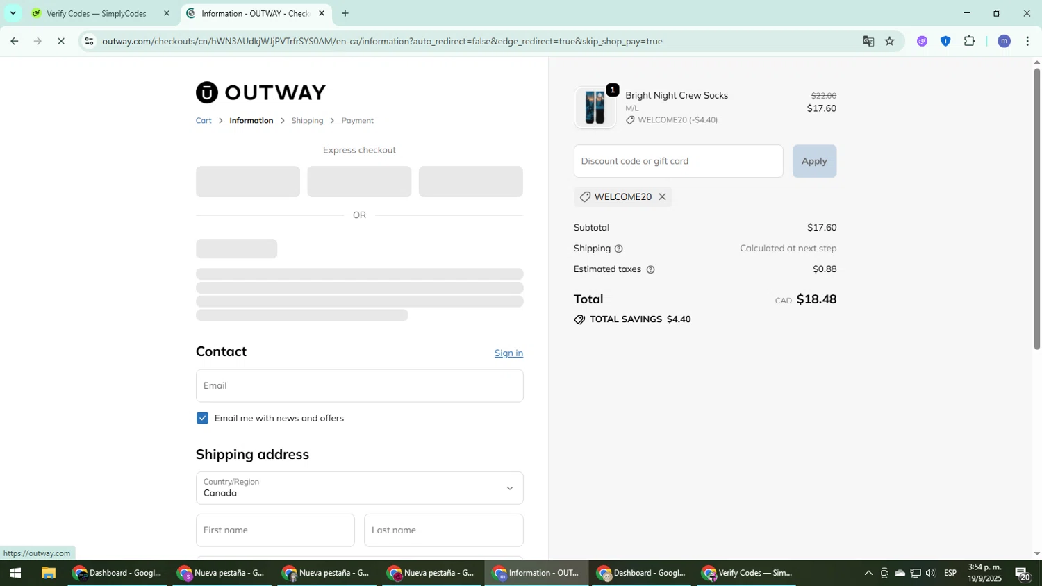 OUTWAY discount code screenshot showing code WELCOME20 applied at OUTWAY checkout page. Uploaded by SimplyCodes community member QuestDefender2661 on Sep 19, 2025