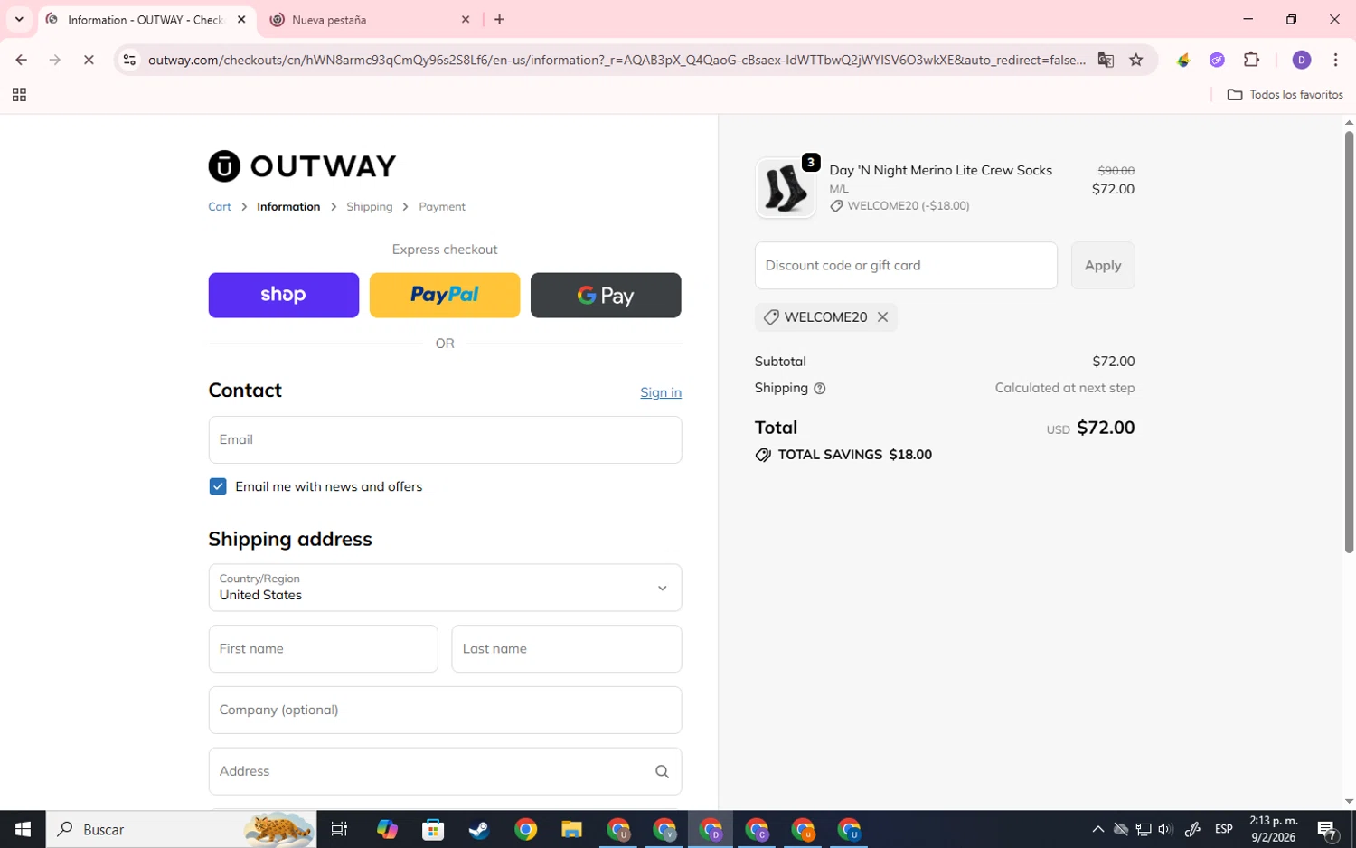 OUTWAY checkout page showing OUTWAY discount code box | Screenshot taken by SimplyCodes community member on Feb 9, 2026