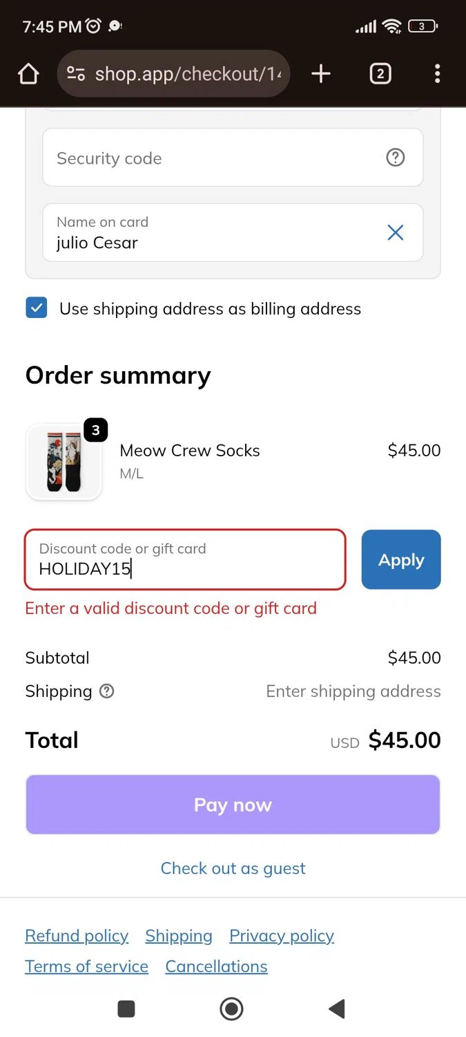 OUTWAY discount code screenshot showing code HOLIDAY15 applied at OUTWAY checkout page. Uploaded by SimplyCodes community member juliocoronel038ef0f on Dec 13, 2025