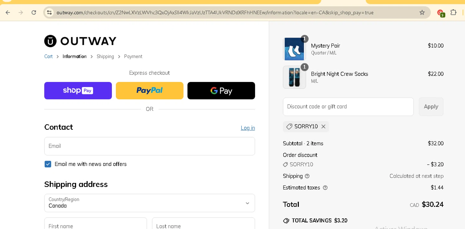 OUTWAY discount code screenshot showing code SORRY10 applied at OUTWAY checkout page. Uploaded by SimplyCodes community member AMANDA2681 on Apr 7, 2025