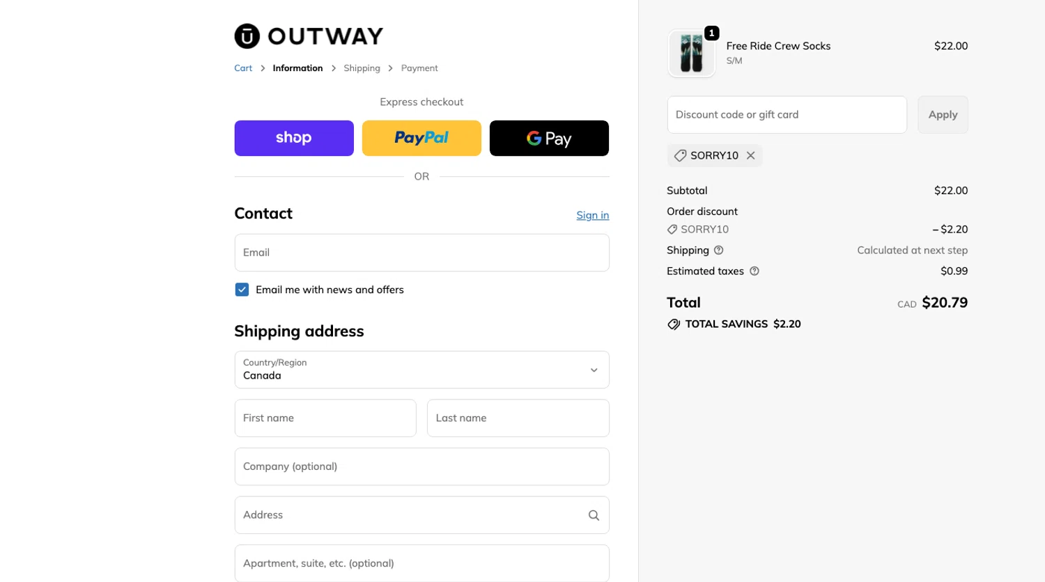 OUTWAY discount code screenshot showing code sorry10 applied at OUTWAY checkout page. Uploaded by SimplyCodes community member ELOIN777 on Feb 19, 2026
