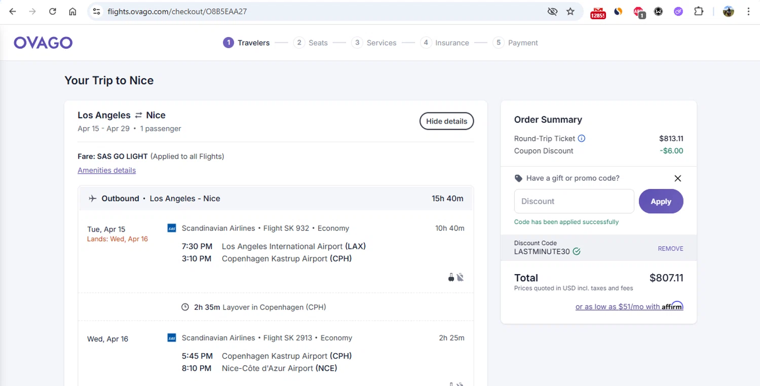 Ovago promo code screenshot showing code LASTMINUTE30 applied at Ovago checkout page. Uploaded by SimplyCodes community member gonzalodamole on Feb 14, 2025
