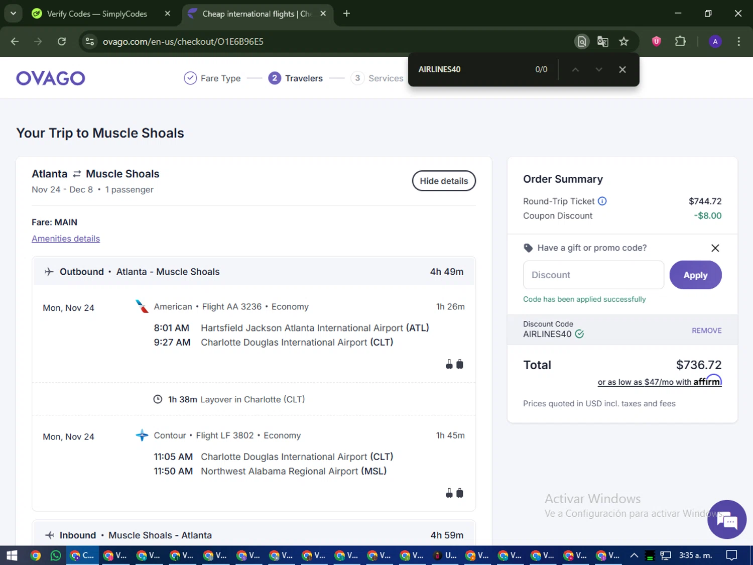 Ovago promo code screenshot showing code AIRLINES40 applied at Ovago checkout page. Uploaded by SimplyCodes community member MagnificentWarden4603 on Sep 25, 2025