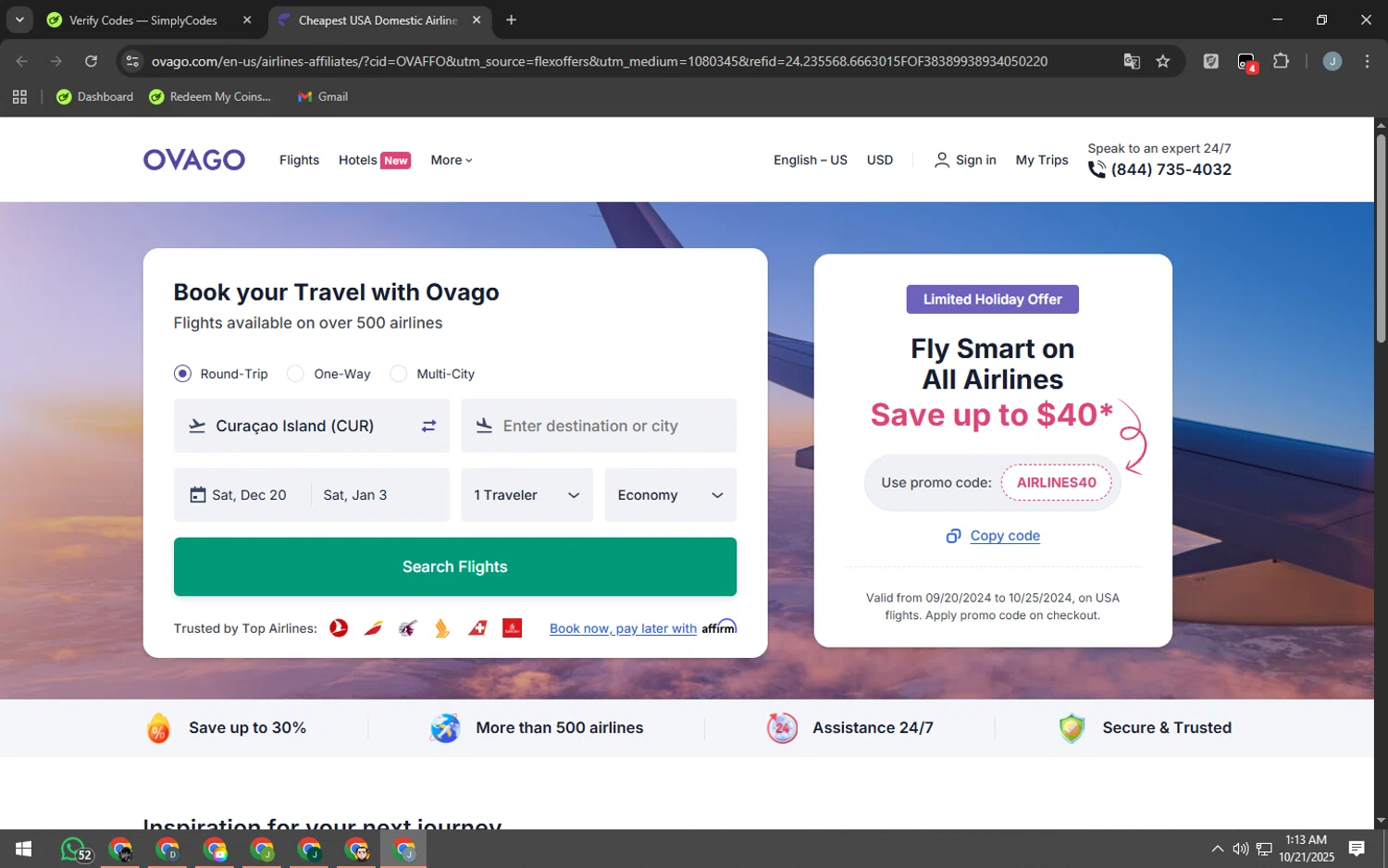 Ovago promo code screenshot showing code AIRLINES40 applied at Ovago checkout page. Uploaded by SimplyCodes community member MarkGrayson on Oct 21, 2025