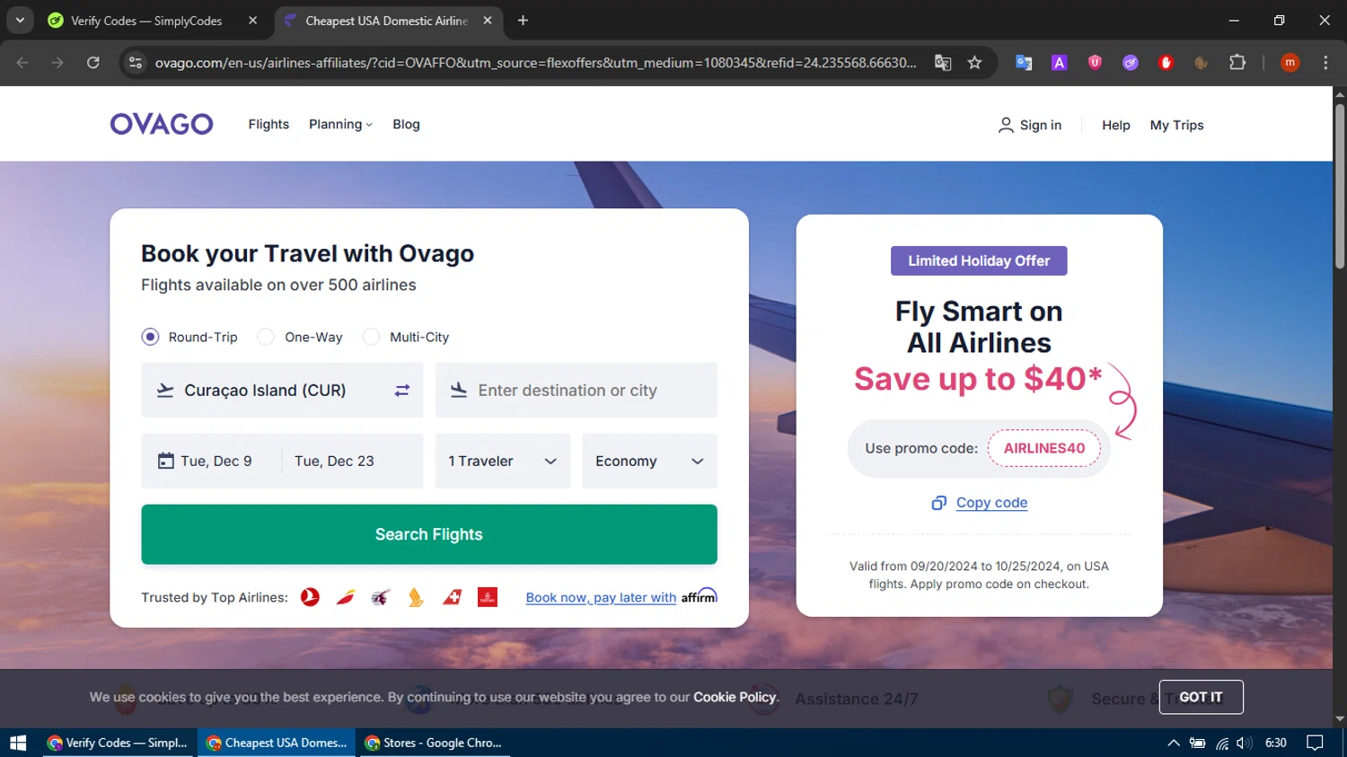 Ovago promo code screenshot showing code AIRLINES40 applied at Ovago checkout page. Uploaded by SimplyCodes community member SmartFalcon9323 on Oct 10, 2025