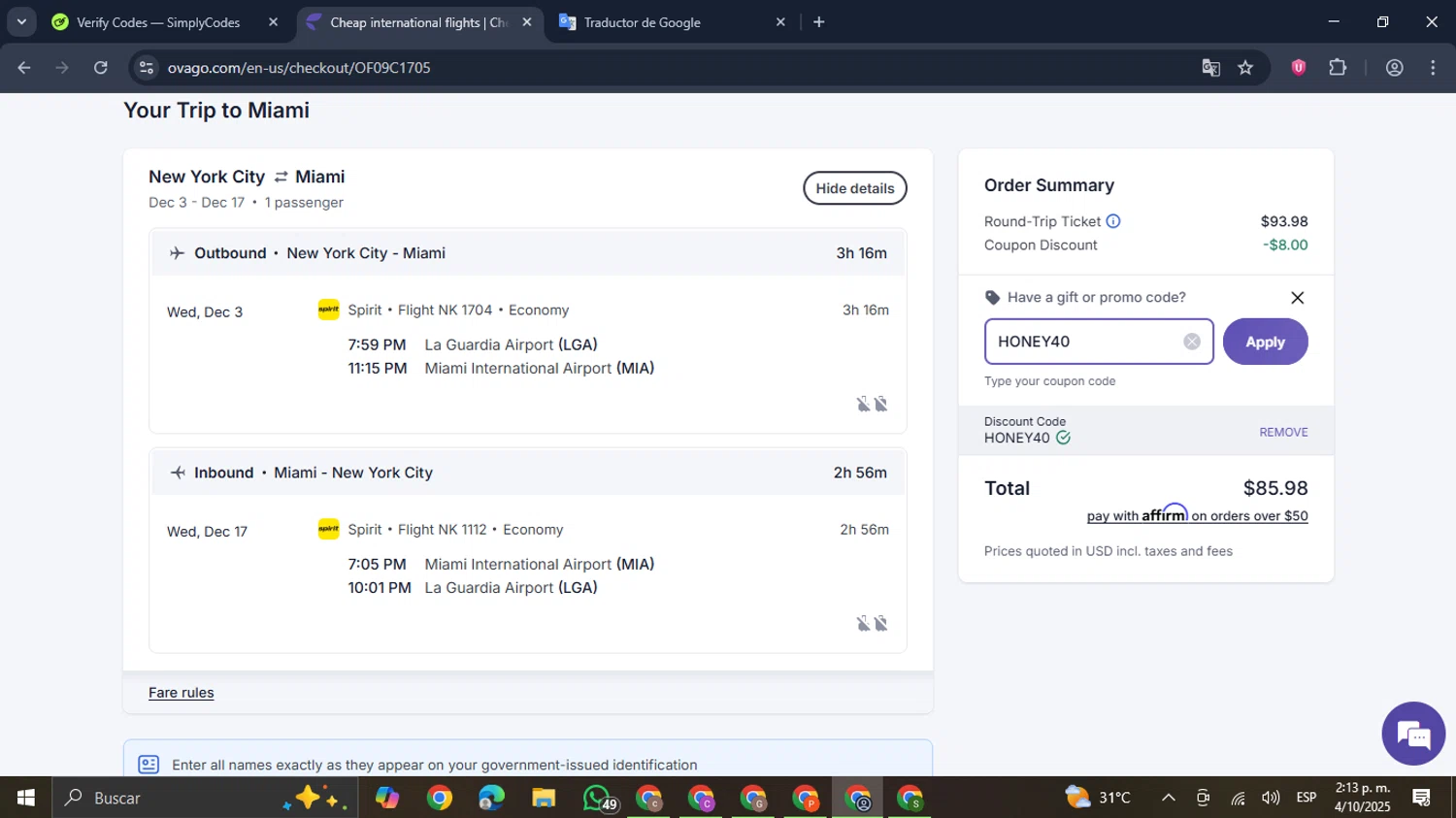 Ovago promo code screenshot showing code HONEY40 applied at Ovago checkout page. Uploaded by SimplyCodes community member GloriousDefender7889 on Oct 4, 2025