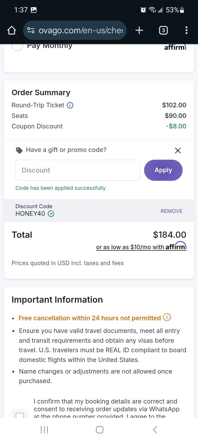 Ovago promo code screenshot showing code HONEY40 applied at Ovago checkout page. Uploaded by SimplyCodes community member Milaya on Oct 4, 2025