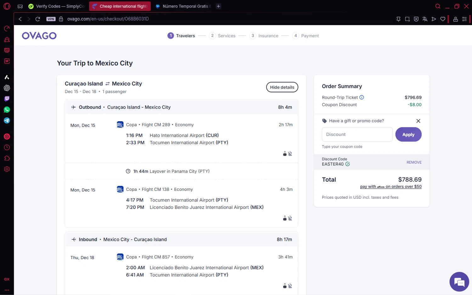 Ovago promo code screenshot showing code Easter40 applied at Ovago checkout page. Uploaded by SimplyCodes community member SavvyWizard7346 on Oct 10, 2025