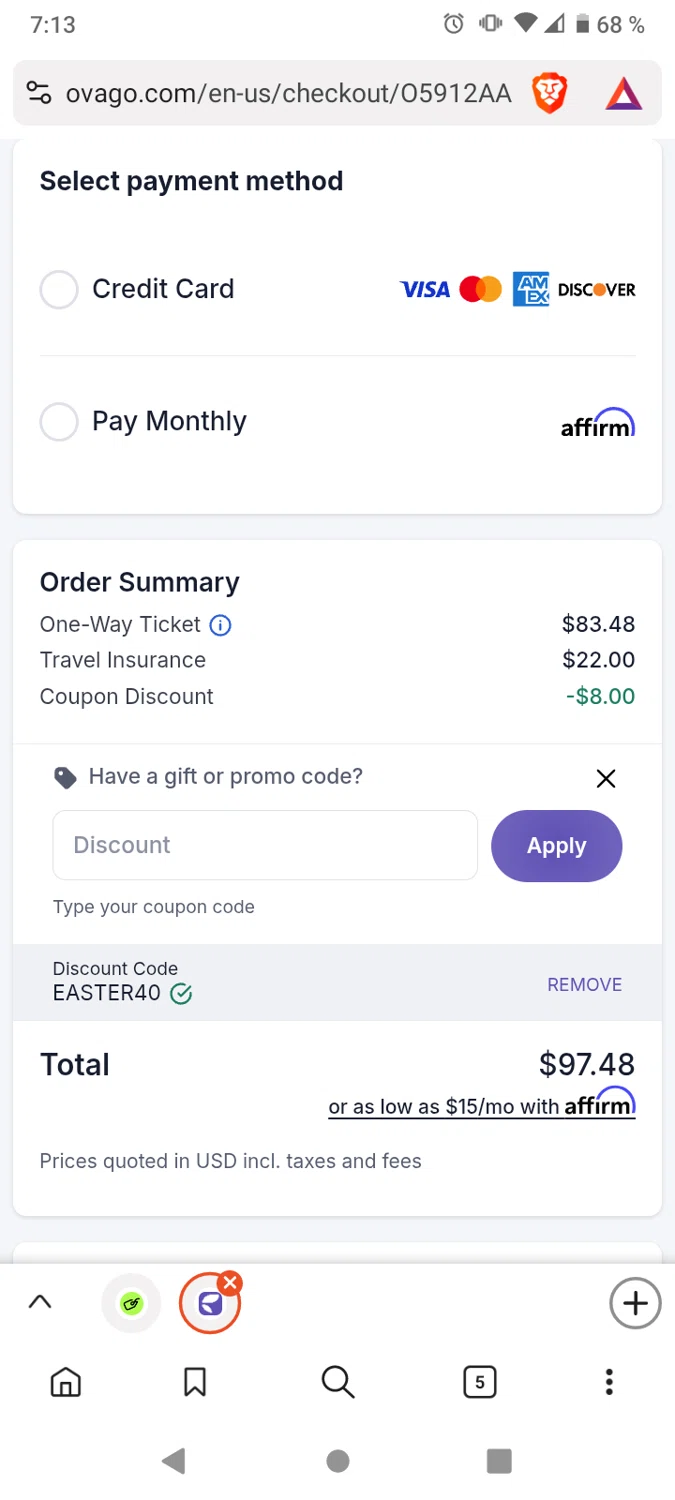 Ovago promo code screenshot showing code Easter40 applied at Ovago checkout page. Uploaded by SimplyCodes community member victor on Oct 10, 2025