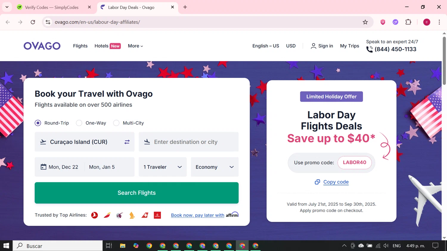 Ovago promo code screenshot showing code LABOR40 applied at Ovago checkout page. Uploaded by SimplyCodes community member RewardElite5744 on Oct 23, 2025