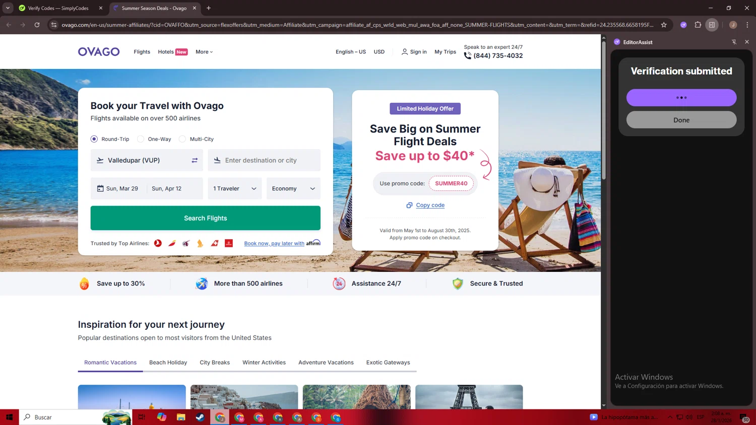 Ovago promo code screenshot showing code SUMMER40 applied at Ovago checkout page. Uploaded by SimplyCodes community member CrownChaser949 on Jan 28, 2026