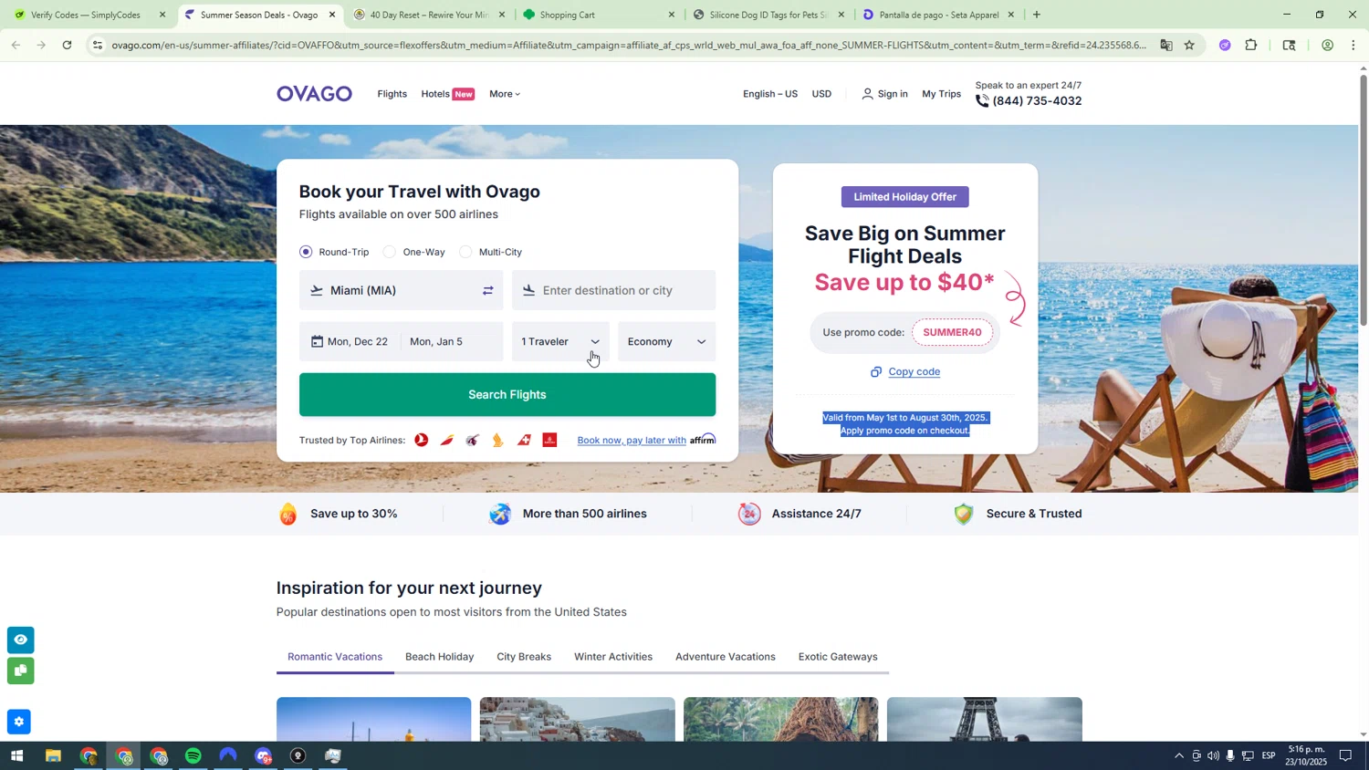 Ovago promo code screenshot showing code SUMMER40 applied at Ovago checkout page. Uploaded by SimplyCodes community member sfdfgdsfgdfgdfg on Oct 23, 2025