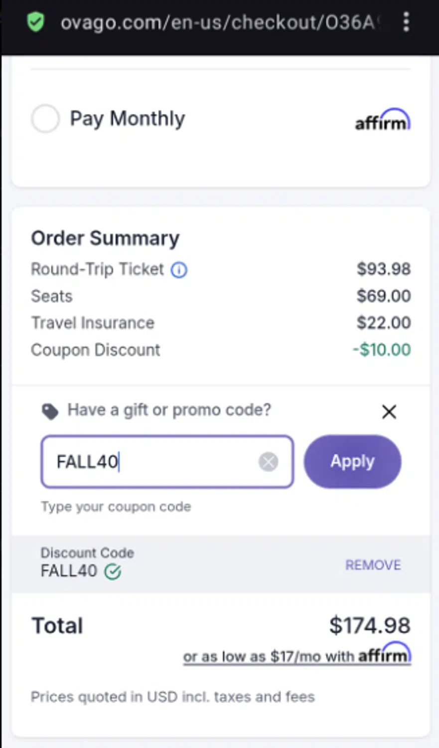 Ovago promo code screenshot showing code FALL40 applied at Ovago checkout page. Uploaded by SimplyCodes community member La_Cara_Mia on Dec 2, 2025