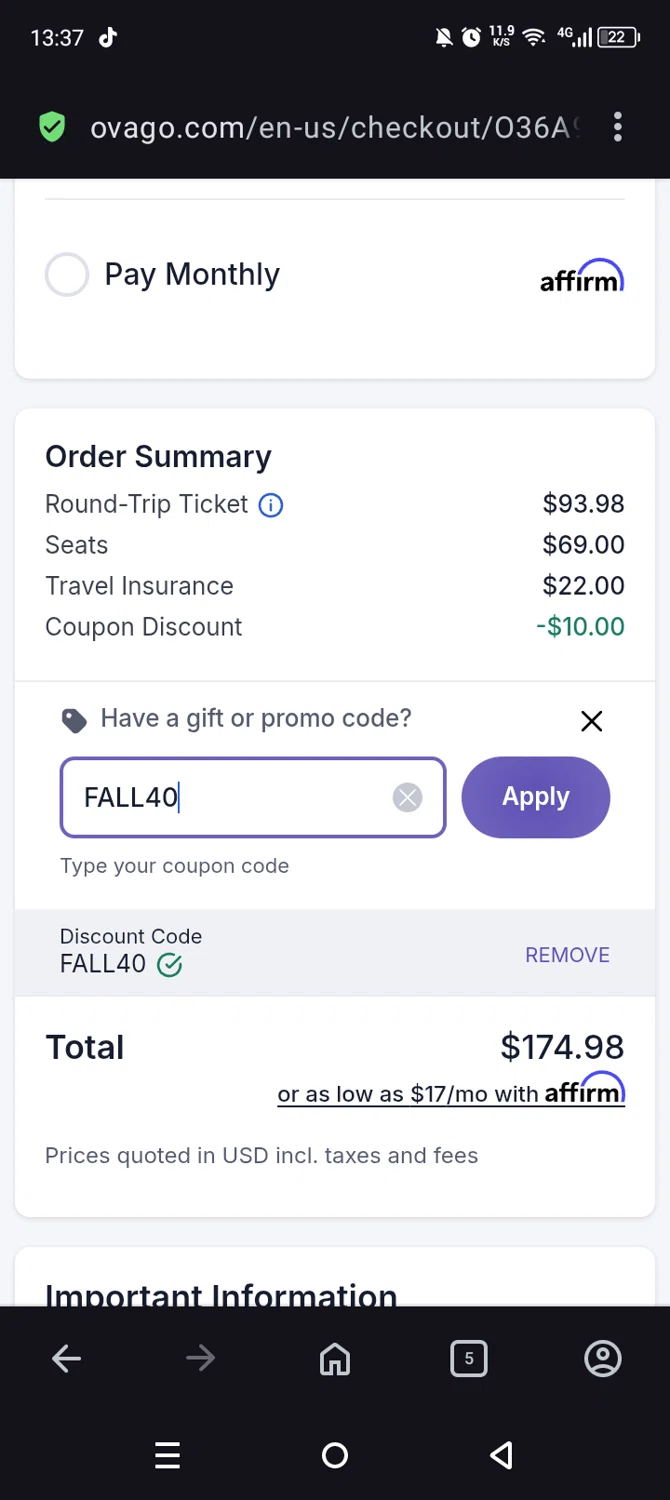 Ovago promo code screenshot showing code FALL40 applied at Ovago checkout page. Uploaded by SimplyCodes community member Olivatle37 on Oct 4, 2025