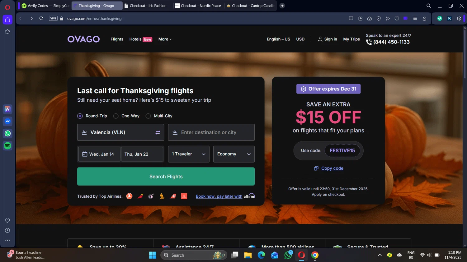 Ovago promo code screenshot showing code festive15 applied at Ovago checkout page. Uploaded by SimplyCodes community member DiscountSleuth2229 on Nov 4, 2025