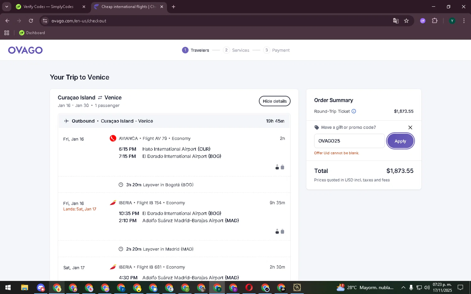Ovago promo code screenshot showing code OVAGO25 applied at Ovago checkout page. Uploaded by SimplyCodes community member WisePro2347 on Nov 17, 2025