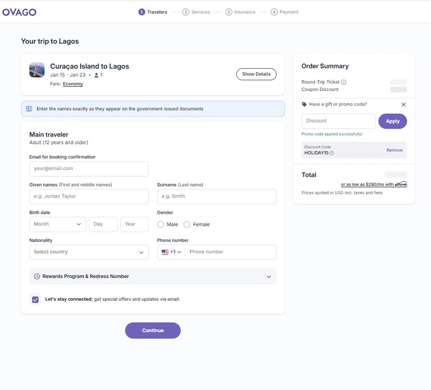 Ovago promo code screenshot showing code holiday15 applied at Ovago checkout page. Uploaded by SimplyCodes community member reggiesmith on Jan 2, 2026