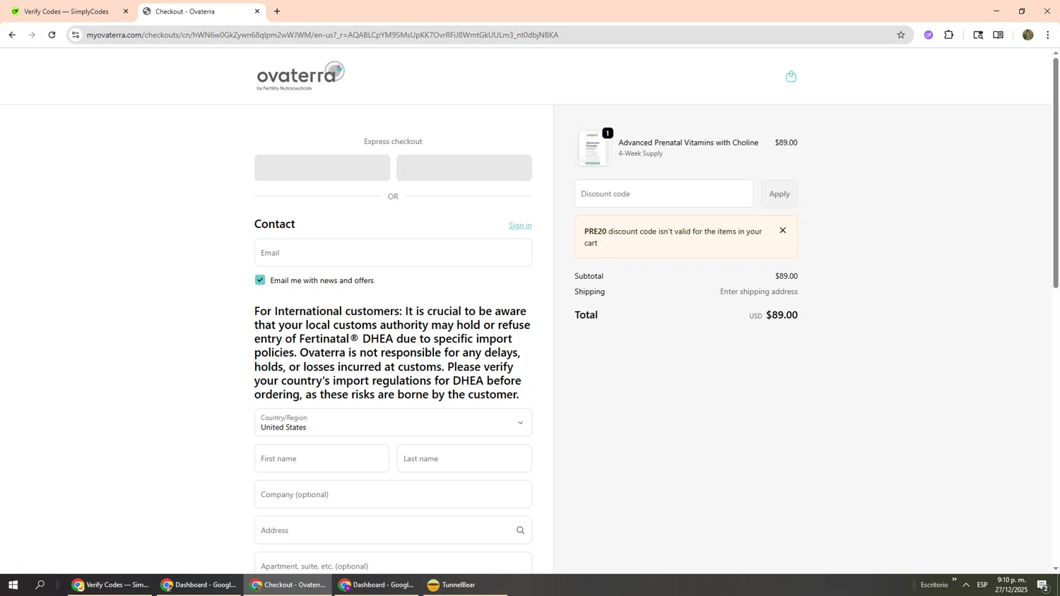 Ovaterra discount code screenshot showing code PRE20 applied at Ovaterra checkout page. Uploaded by SimplyCodes community member Phoenix585 on Dec 28, 2025