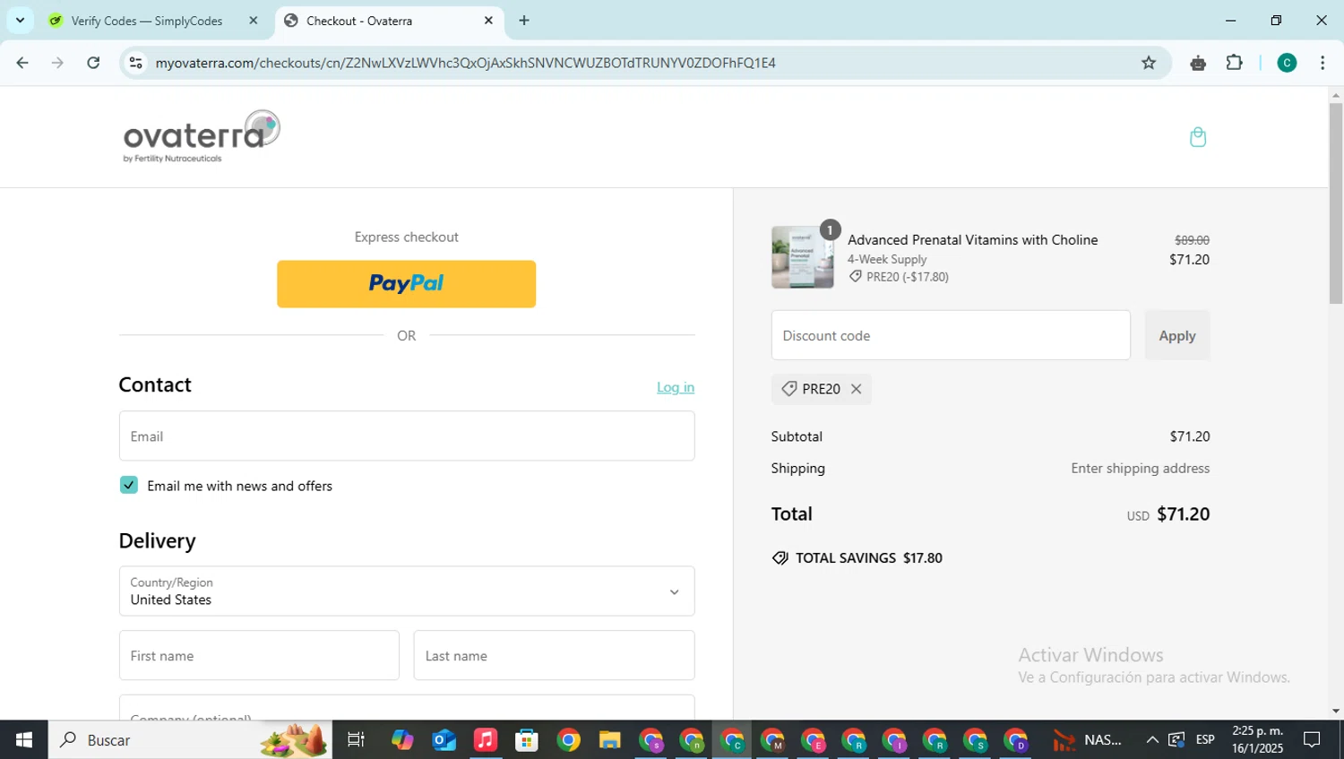 Ovaterra discount code screenshot showing code PRE20 applied at Ovaterra checkout page. Uploaded by SimplyCodes community member BonusPilot927 on Jan 16, 2025