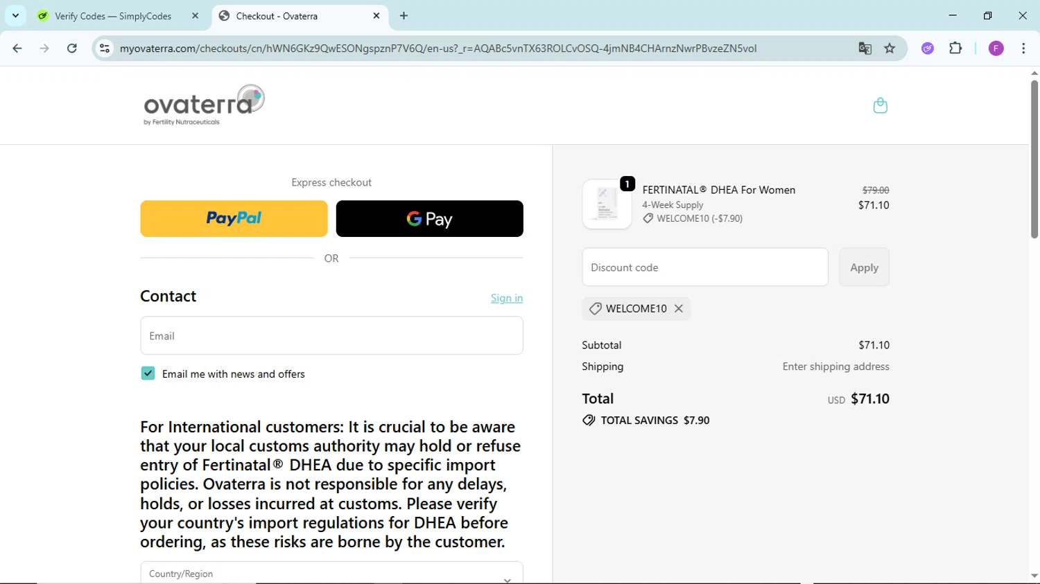 Ovaterra discount code screenshot showing code WELCOME10 applied at Ovaterra checkout page. Uploaded by SimplyCodes community member ShieldTitan6985 on Dec 10, 2025