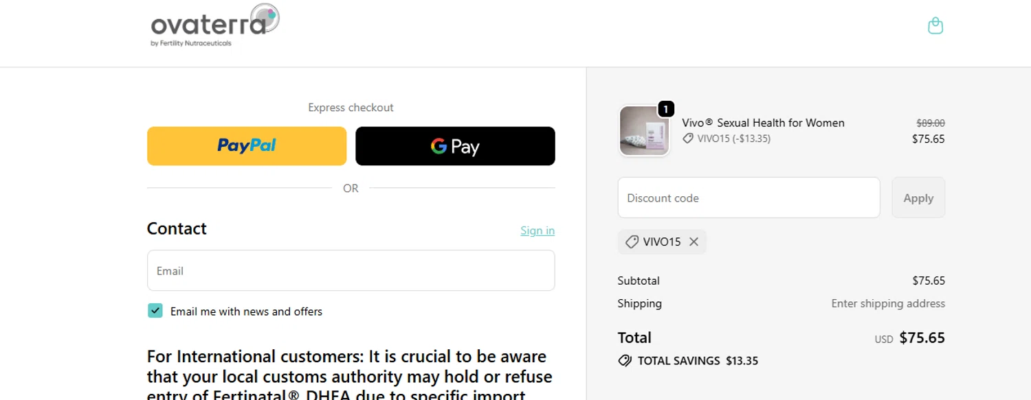 Ovaterra discount code screenshot showing code VIVO15 applied at Ovaterra checkout page. Uploaded by SimplyCodes community member ashe1986 on Oct 2, 2025