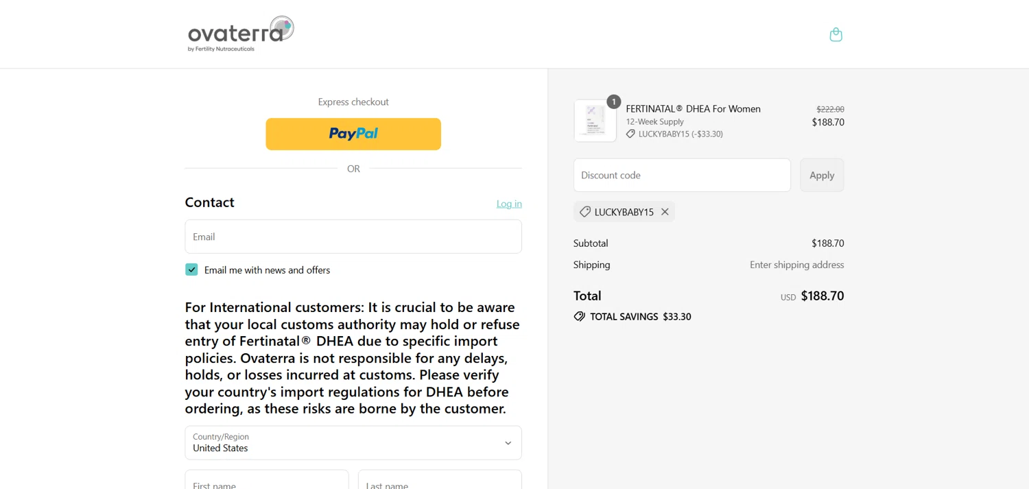 Ovaterra discount code screenshot showing code LUCKYBABY15 applied at Ovaterra checkout page. Uploaded by SimplyCodes community member marielysmorales on Aug 27, 2025