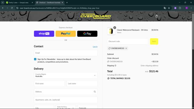 OverBoard checkout page showing OverBoard promo code box | Screenshot taken by SimplyCodes community member on Jul 21, 2025