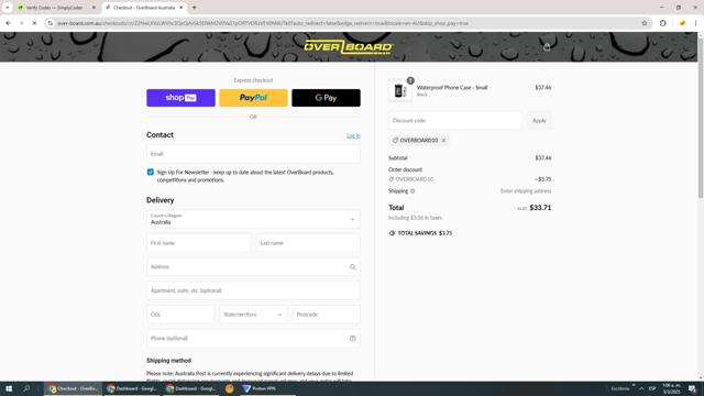 OverBoard checkout page showing OverBoard promo code box | Screenshot taken by SimplyCodes community member on Mar 3, 2025