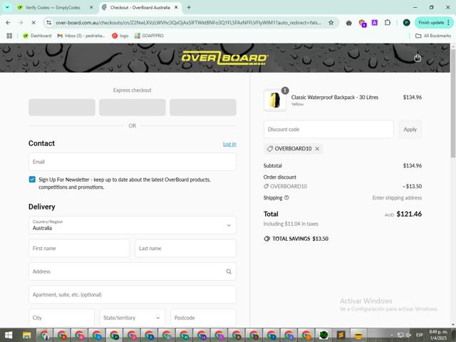 OverBoard checkout page showing OverBoard promo code box | Screenshot taken by SimplyCodes community member on Apr 2, 2025