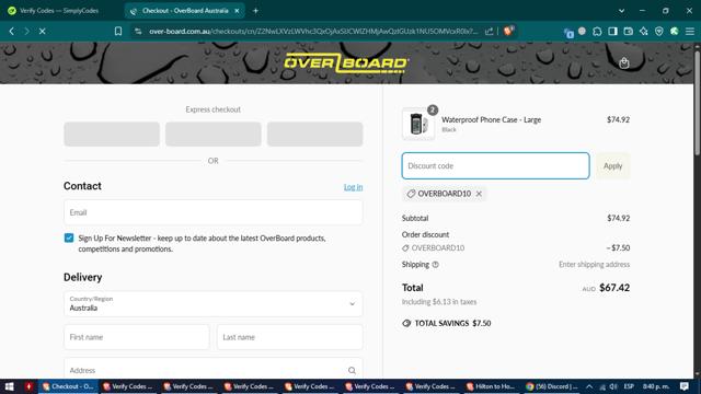OverBoard checkout page showing OverBoard promo code box | Screenshot taken by SimplyCodes community member on Apr 9, 2025