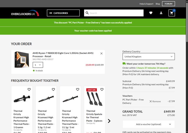 Overclockers UK checkout page showing Overclockers UK discount code box | Screenshot taken by SimplyCodes community member on May 6, 2025