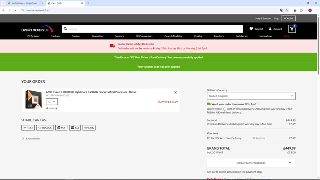 Overclockers UK checkout page showing Overclockers UK discount code box | Screenshot taken by SimplyCodes community member on Apr 16, 2025