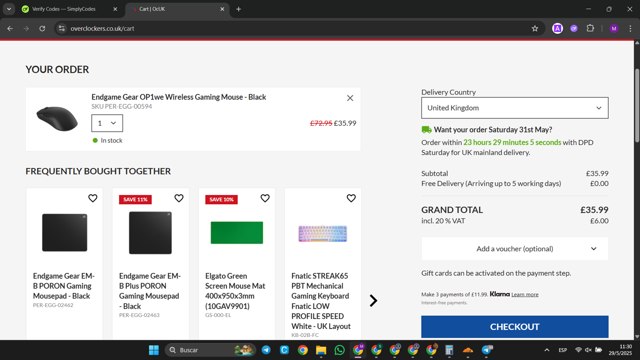 Overclockers UK checkout page showing Overclockers UK discount code box | Screenshot taken by SimplyCodes community member on May 29, 2025
