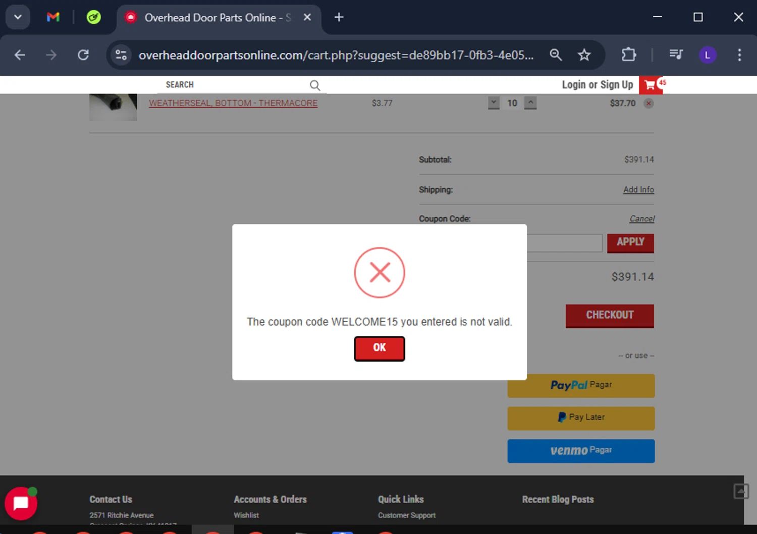 Overhead Door Parts coupon code screenshot showing code WELCOME15 applied at Overhead Door Parts checkout page. Uploaded by SimplyCodes community member CoinElite8726 on Mar 1, 2025