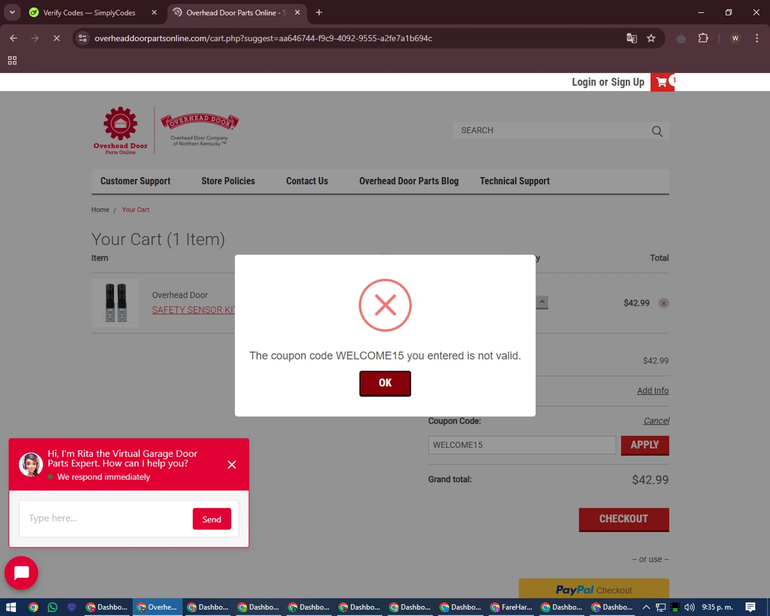 Overhead Door Parts coupon code screenshot showing code WELCOME15 applied at Overhead Door Parts checkout page. Uploaded by SimplyCodes community member DealMaestro2101 on Jan 12, 2025
