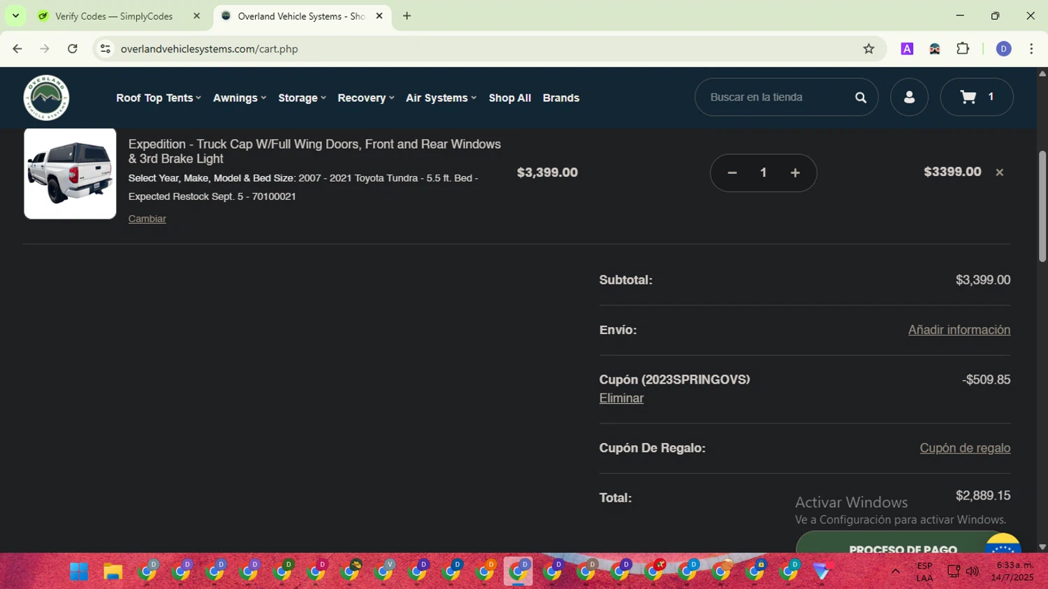 Overland Vehicle Systems coupon code screenshot showing code 2023SPRINGOVS applied at Overland Vehicle Systems checkout page. Uploaded by SimplyCodes community member VoucherTitan8325 on Jul 14, 2025