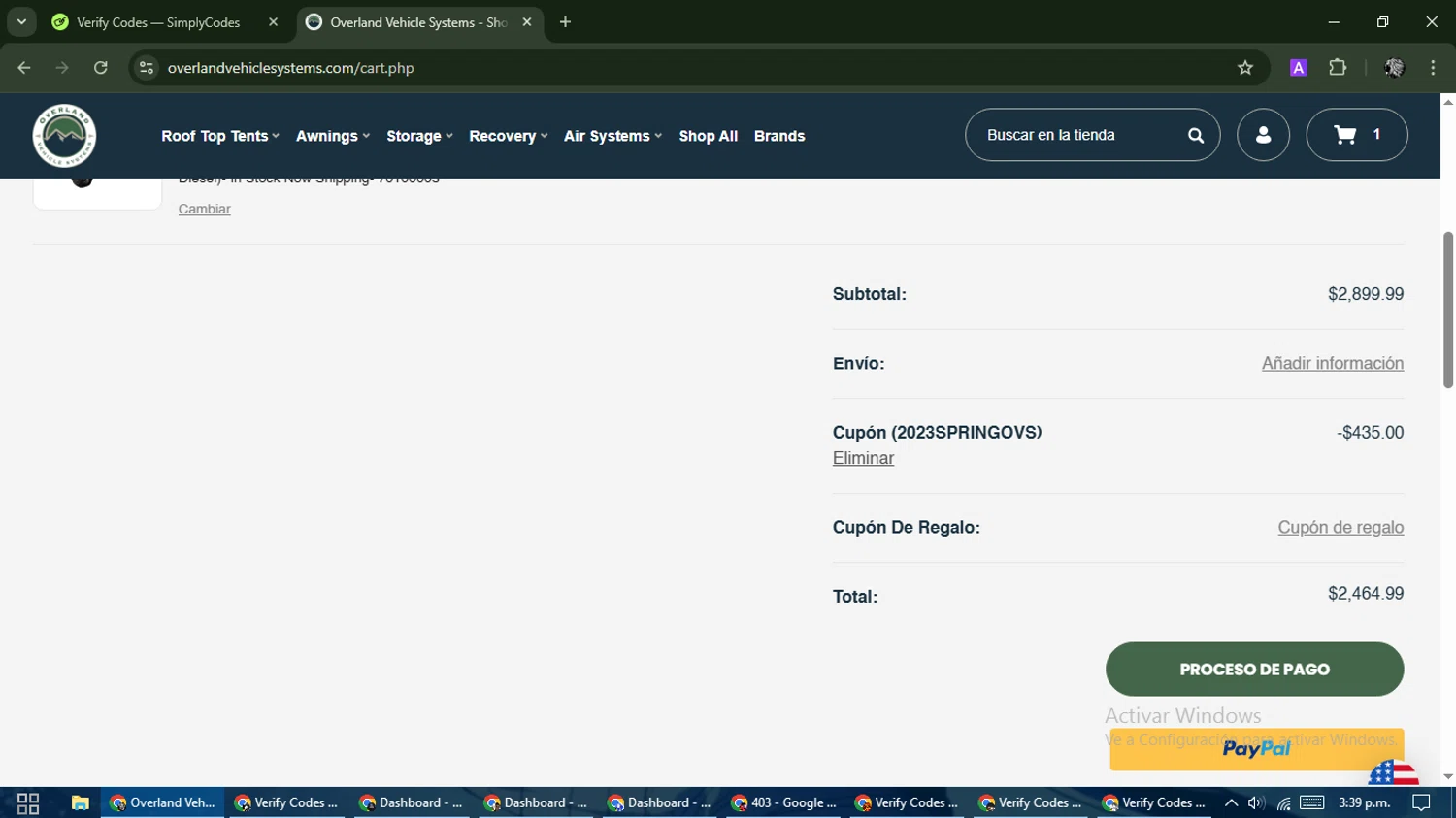 Overland Vehicle Systems coupon code screenshot showing code 2023SPRINGOVS applied at Overland Vehicle Systems checkout page. Uploaded by SimplyCodes community member PrimeKnight6101 on Mar 20, 2025