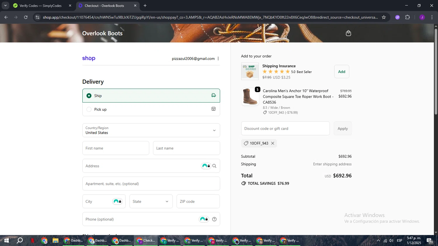 Overlook Boots discount code screenshot showing code 10Off_943 applied at Overlook Boots checkout page. Uploaded by SimplyCodes community member ComeBurra123 on Dec 1, 2025