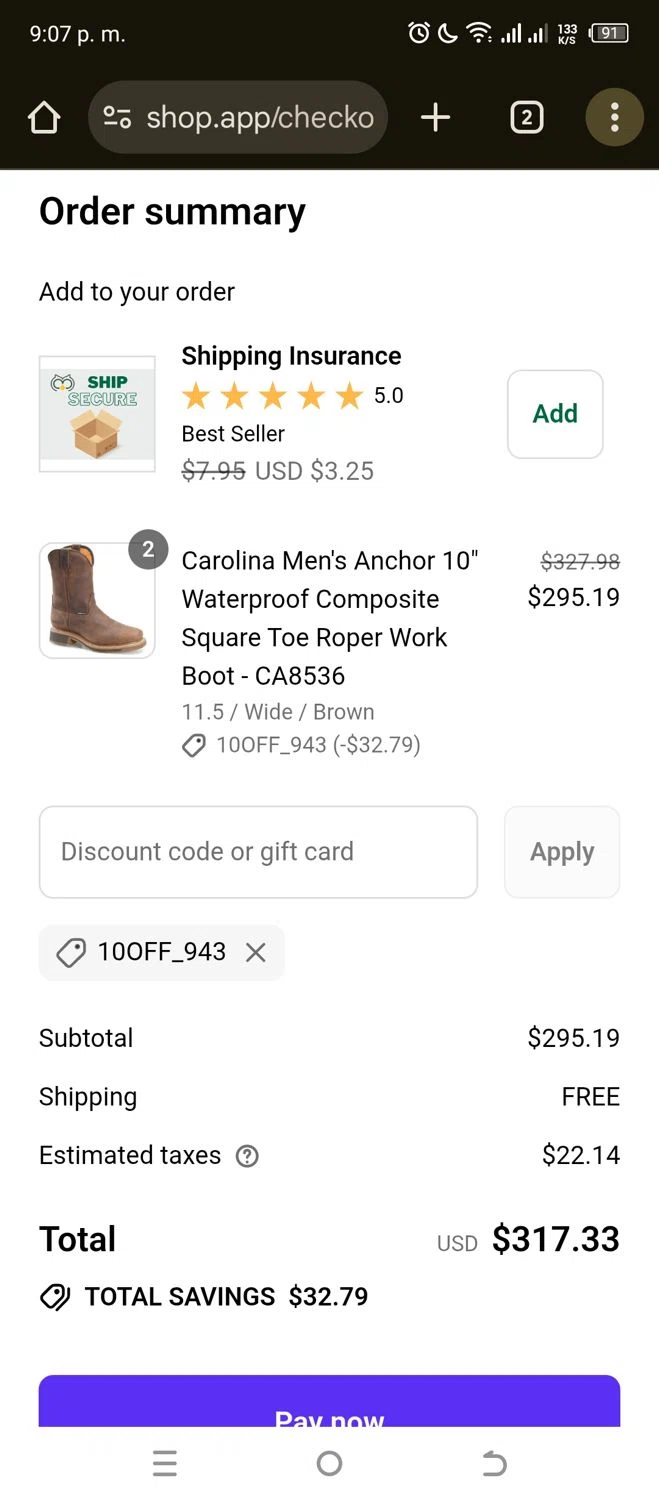Overlook Boots discount code screenshot showing code 10Off_943 applied at Overlook Boots checkout page. Uploaded by SimplyCodes community member Gianpiero on Aug 15, 2025