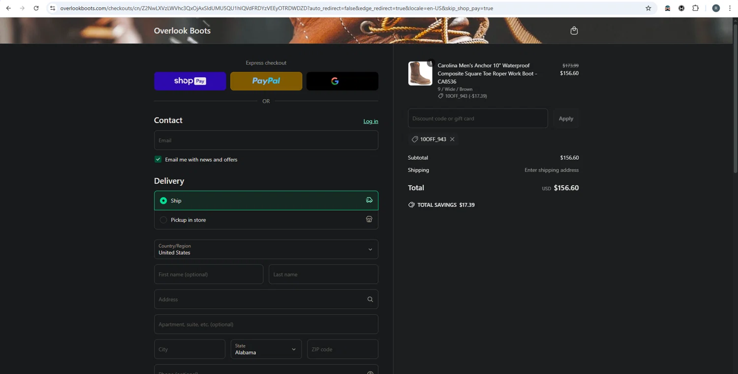 Overlook Boots discount code screenshot showing code 10Off_943 applied at Overlook Boots checkout page. Uploaded by SimplyCodes community member rafaelmarquez on Jun 3, 2025