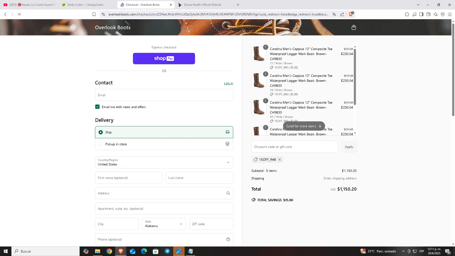 Overlook Boots discount code screenshot showing code 15OFF_948 applied at Overlook Boots checkout page. Uploaded by SimplyCodes community member Carloscoder_900457733 on Jun 20, 2025