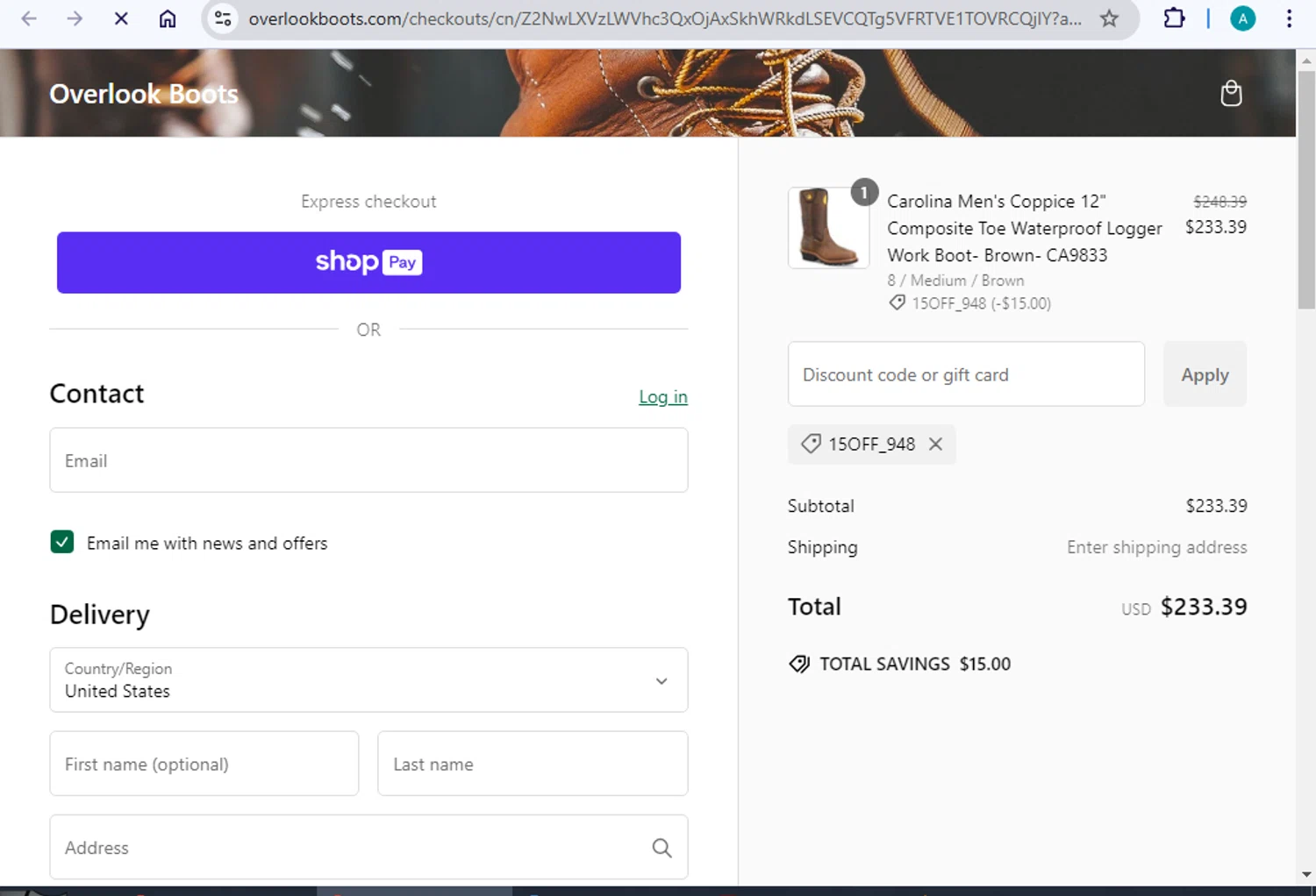 Overlook Boots discount code screenshot showing code 15OFF_948 applied at Overlook Boots checkout page. Uploaded by SimplyCodes community member CoinGuardian4017 on Jan 18, 2025