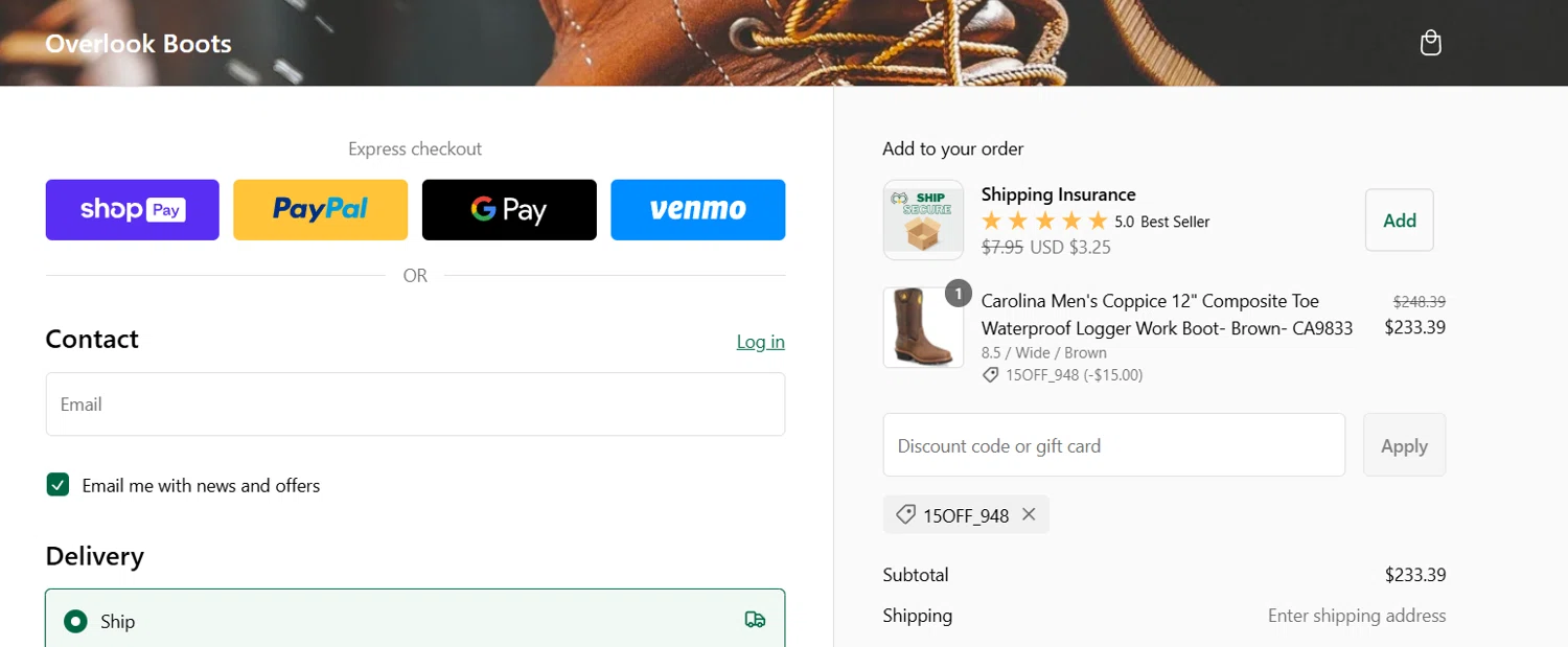 Overlook Boots discount code screenshot showing code 15OFF_948 applied at Overlook Boots checkout page. Uploaded by SimplyCodes community member CodeScholar4340 on Feb 3, 2025